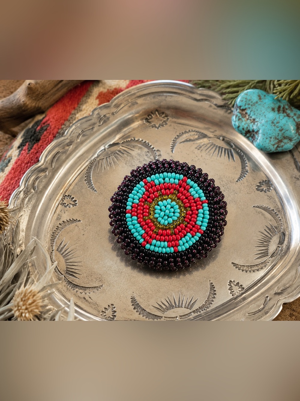 NATIVE AMERICAN Handmade Southwestern Style Beaded Medallion Brooch Pin